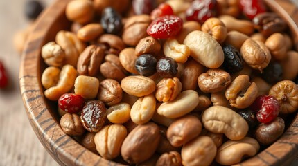 An extreme macro close-up showcases a wooden bowl of mixed nuts and dried fruit on a beige background in bright, vibrant colors. The image focuses on small subject details, conveying a lively 