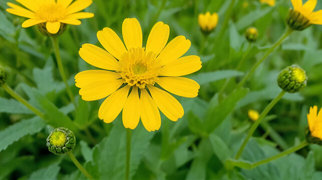 Golden Crownbeard (Also called Golden Crownbeard, Copen Daisy, golden crown beard) in the nature, Golden Crownbeard Flower closeup,Beautiful yellow flower closseup in nature Chakwal, Punjab, Pakistan