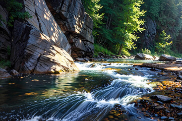 white water small creek in valley under mountains painting illustration