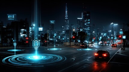 Futuristic city street at night with glowing technology