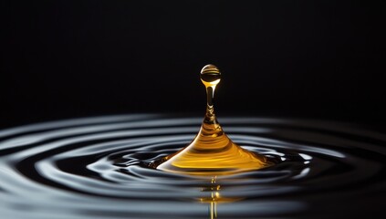 Amber liquid droplet impacting dark surface