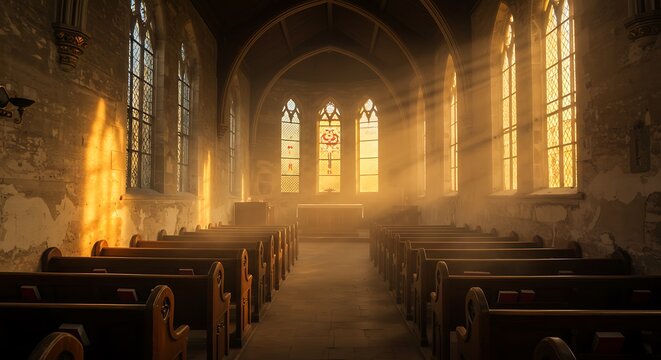 Empty room, Play of light in the sunrise. Light of windows from inside on an old church in an early fall morning