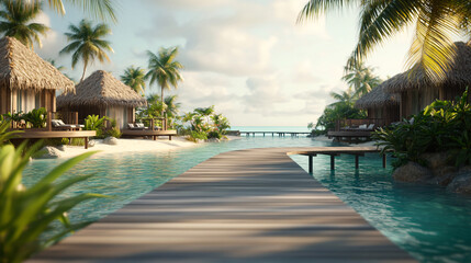 Fototapeta premium Beautiful Seaside Villas Built on Clear Turquoise Water with Warm Sunset Light and Peaceful Atmosphere