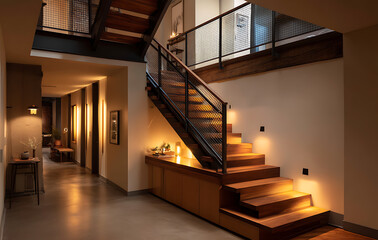 Obraz premium Modern Wooden Staircase in a Contemporary Home Interior with Warm Lighting