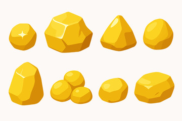 Gold stones. Yellow mine nuggets, golden shiny stones, jewel nuggets flat vector illustration set. Cartoon golden treasure rocks on white