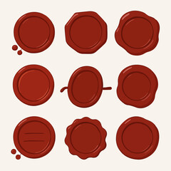 Red wax stamps. Vintage seal stamp, wax postage label marks, medieval post signet flat vector illustration set. Cartoon postal paraffin stamps