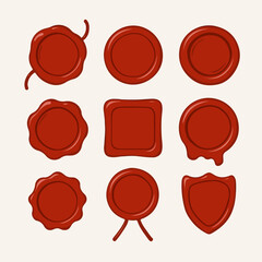 Red wax stamps. Vintage seal stamp, wax postage label marks, medieval post signet flat vector illustration set. Cartoon postal paraffin stamps