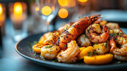 Grilled shrimp dinner, candlelight, restaurant