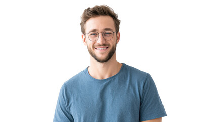 Fototapeta premium A young man with glasses smiles warmly at the camera. showcasing a friendly demeanor. set against a clean. neutral background that emphasizes his approachable personality
