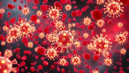 Microscopic View of Red Coronavirus (COVID-19) Particles and Red Blood Cells, Representing Viral Infection and Health Threats