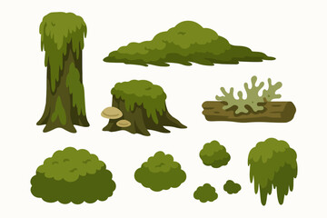 Swamp green moss. Moss plants growing on wood trunks, rainy forest lichen and fungus plants on rotten stumps flat vector illustration set. Cartoon moss collection
