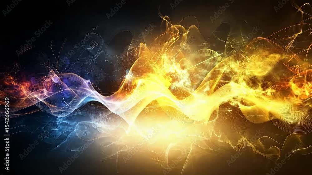 Poster Vivid abstract waves of fire and ice collide, creating dynamic energy and colorful light trails against a dark background.
