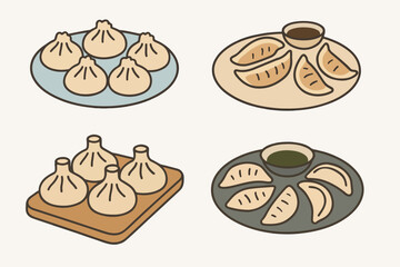 Asian dumplings. Cartoon traditional meat dumplings  Japanese gyoza and khinkali flat vector illustration set. Asian food plates