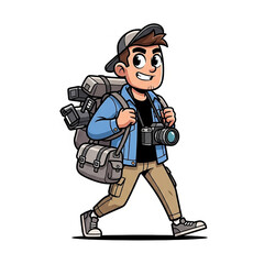 Adventure Photographer Cartoon Illustration of a Traveler with Camera Gear