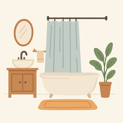 Cartoon modern bathroom. Cozy bathroom interior tub, rug and bathroom curtains flat vector illustration. Washroom interior
