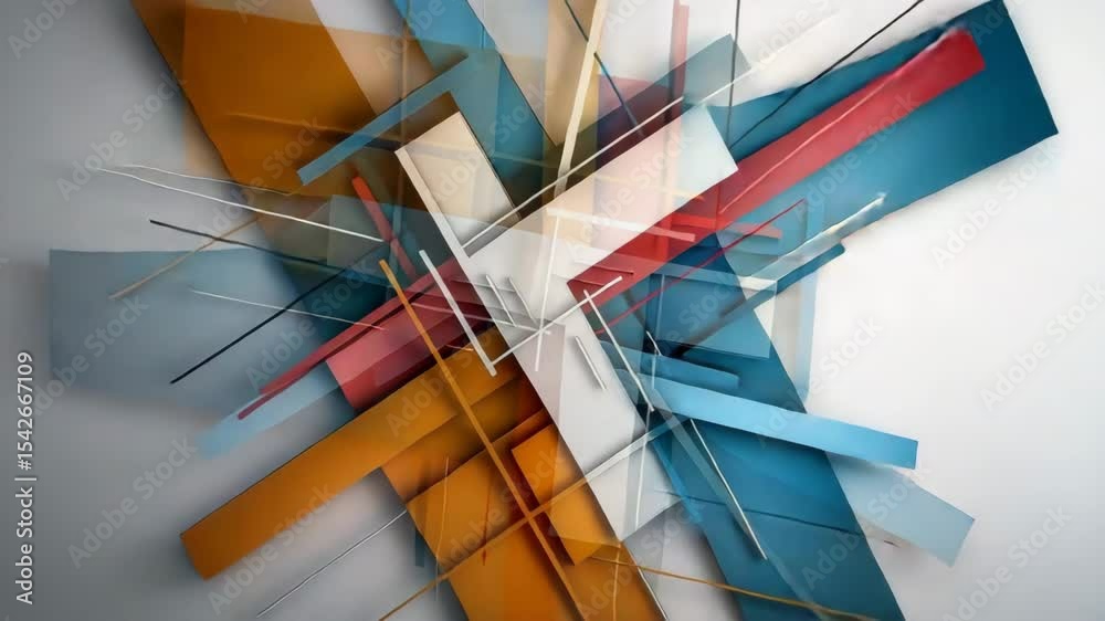 Poster abstract composition of overlapping geometric shapes in blue, yellow, red, and white tones on a soft
