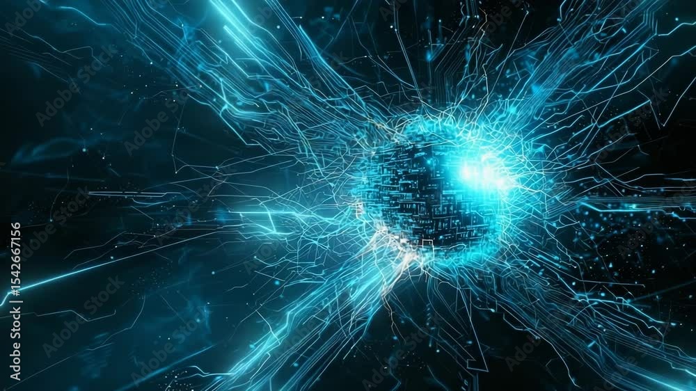 Poster A glowing blue digital core with radiating circuit-like lines on a dark background, representing technology and data flow.