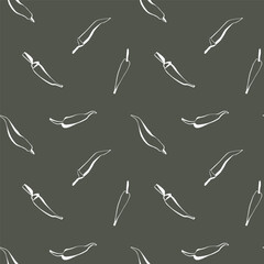 White jalapeno pepper seamless pattern on dark green background in minimal line art style for kitchen decor or food packaging
