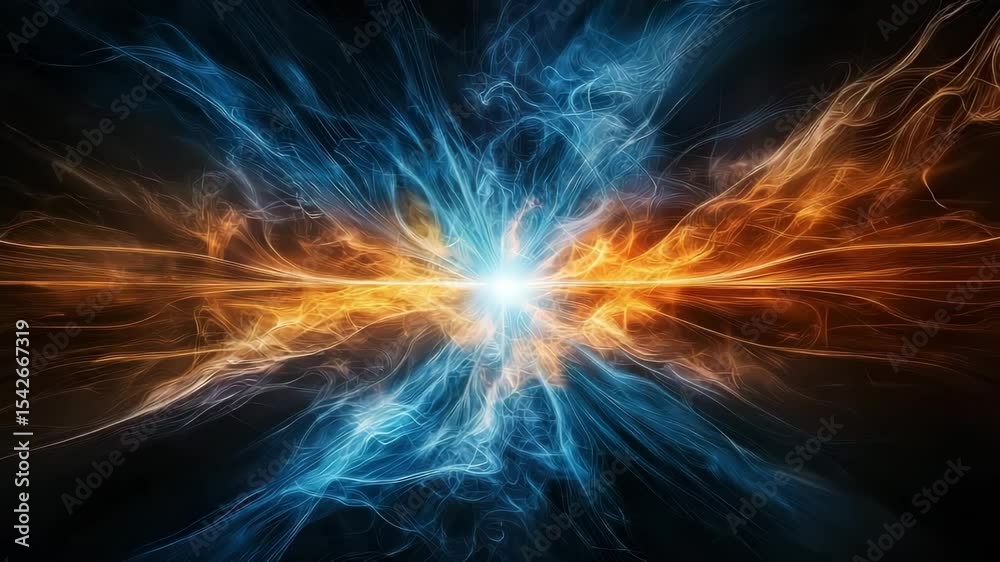 Poster a burst of fiery blue and orange energy collides at the center, creating a vibrant, dynamic explosio