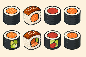 Sushi rolls. Asian traditional seafood dish, sushi, rolls with salmon, eel and tuna, traditional asian cuisine dish flat vector illustration set. Cartoon Japanese sushi rolls
