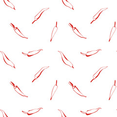 Minimal chili pepper seamless pattern in red line art on white background perfect for food packaging and kitchen textile design