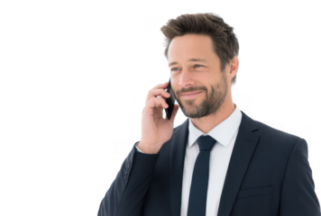 A confident businessman in a suit smiling while talking on a smartphone. set against a clean white background. conveying professionalism and modern communication