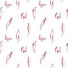 Chili pepper seamless pattern with text on white background in red line art style for kitchen wraps or food branding