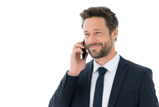 A confident businessman in a suit smiling while talking on a smartphone. set against a clean white background. conveying professionalism and modern communication
