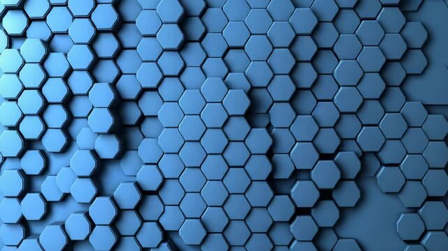 A pattern of raised blue hexagons creates a modern, three-dimensional abstract background.