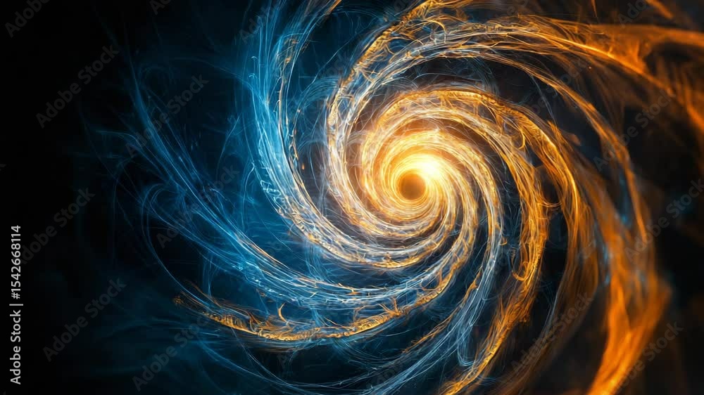 Poster a glowing blue and orange energy vortex swirls dynamically, creating a mesmerizing, abstract, cosmic