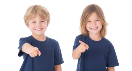 Two cheerful children. a boy and a girl. standing side by side. smiling and pointing playfully at the camera. with a bright white background suggesting a joyful atmosphere suitable for family-oriented