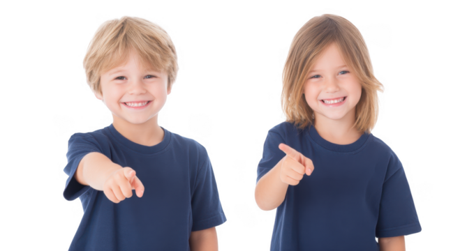 Two cheerful children. a boy and a girl. standing side by side. smiling and pointing playfully at the camera. with a bright white background suggesting a joyful atmosphere suitable for family-oriented - Powered by Adobe