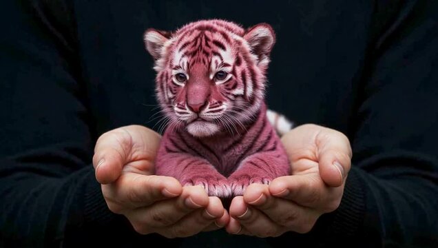 A red tiger cub sitting in the palm of human hands facing forward