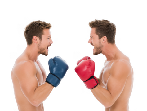Two muscular men in boxing gloves face each other in an intense showdown. showcasing their determination and strength. with a plain background emphasizing their expressions