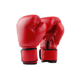 A pair of vibrant red boxing gloves positioned together against a clean. white background. symbolizing sportsmanship and competition. ideal for fitness and boxing-related content