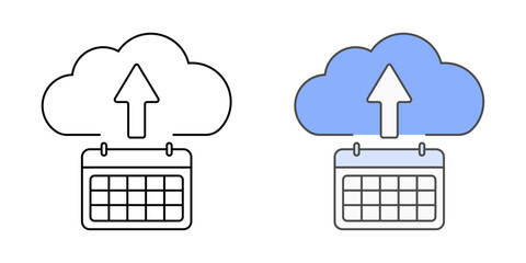 Cloud backup scheduler icon with a cloud, calendar, and upload arrow, in outline and color styles, ideal for representing automated cloud backups, scheduled data storage, and SaaS protection tools.
