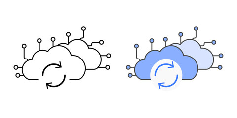 Data synchronization icon with two cloud nodes and sync arrows, in outline and color styles, ideal for illustrating real-time cloud syncing, backup systems, and distributed data updates.