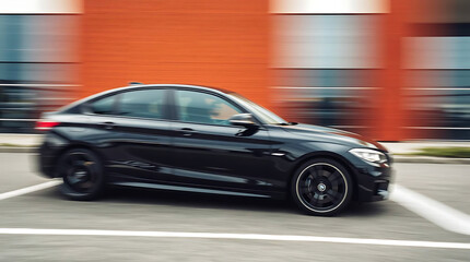 Obraz premium Sleek Black Car in Motion with Red Brick Building Background Ideal for Wall Art