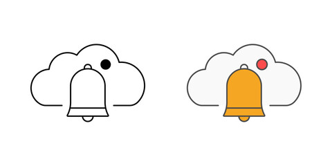 Cloud notifications system icon with a bell, alert dot, and cloud, in outline and color styles, ideal for illustrating SaaS alerts, user notifications, and system updates in cloud platforms.