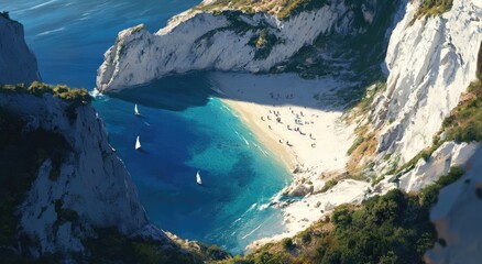 Obraz premium Secluded beach cove, with sailboats, people, and cliffs