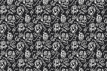 Whimsical Doodle Faces Pattern with Expressive Expressions and Abstract Elements