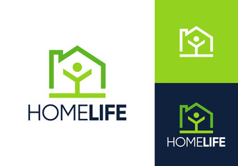happy people and home logo. life house real estate building vector design concept