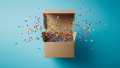 An open cardboard box overflowing with colorful confetti on a pastel blue background, symbolizing surprise, celebration, and excitement in product marketing and promotional campaigns.