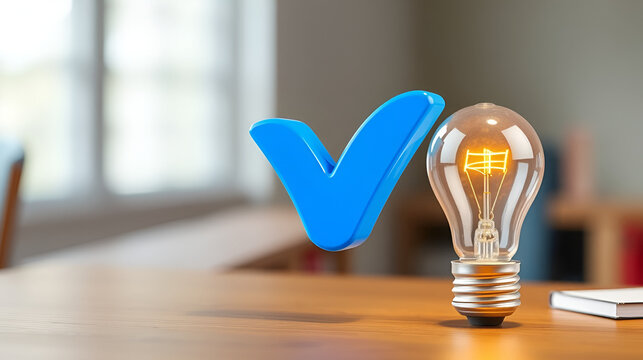 3d icon realistic render style of lamp or light bulb with big blue tick symbol, metaphor of ideas and thoughts in education, survey questionnaire. vote or poll. Can be used for websites, apps, ads