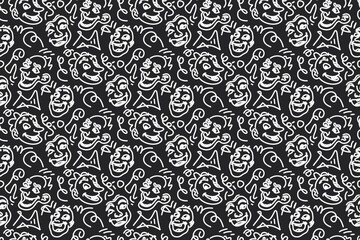 Whimsical Pattern of Cartoon Faces with Exaggerated Expressions
