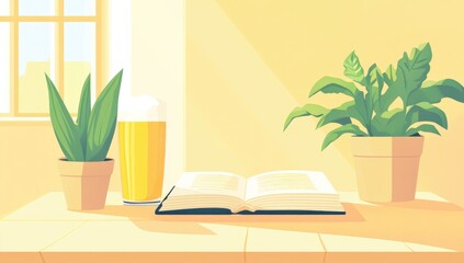 Fototapeta premium A sunny room scene with a glass of light beer, an open book, and plants on a table