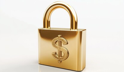 Gold padlock with dollar sign, isolated on white
