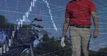 Mature golfer walking past golf bag on fairway, initiating market charts rising for investing - Powered by Adobe