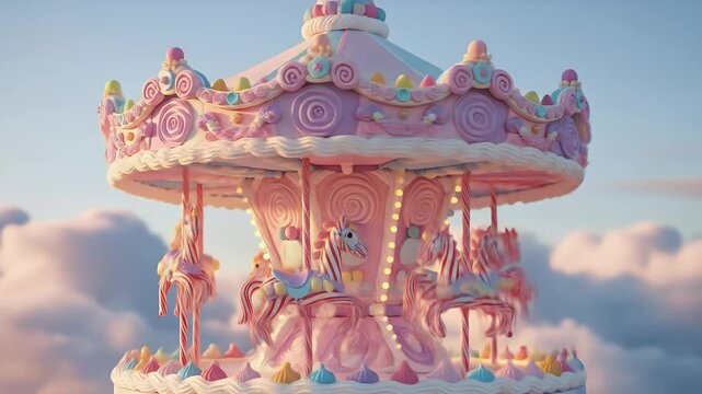 Pastel sweet candy carousel against fluffy clouds for children imagination concept