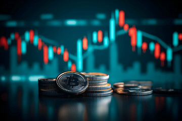 Stacks of silver Bitcoin coins with a digital stock market chart showing price fluctuations in the background.